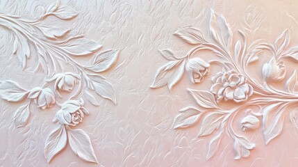 Elegant floral relief artwork featuring white flowers and leaves on a textured light pink background