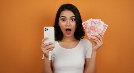 驚き顔の女性 スマホ お金 びっくり 予想外 幸運