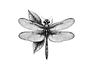 Vintage dragonfly engraving on leaf, hand-drawn sketch style, seasonal garden decor, botanical illustration, old engraving style, insect art, nature motif, classic insect print