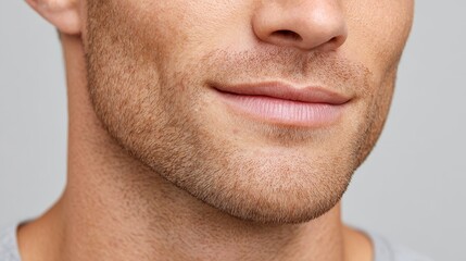 Obraz premium Closeup of acne-covered chin and jawline beauty portrait urban environment high-resolution detail of blemishes and pores on skin