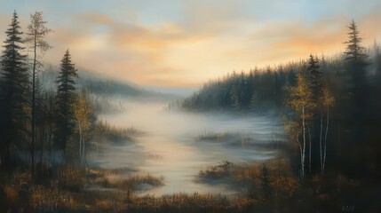A misty landscape painting featuring a river surrounded by trees and an atmospheric sky at sunset