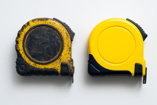 Side-by-side comparison of an old, scratched measuring tape and a new, clean measuring tape, highlighting tool wear and replacement.