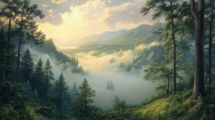 A serene valley filled with fog and surrounded by lush green trees and distant mountain ranges