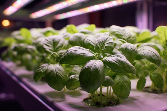 Indoor Basil Growing Under Lights Hydroponics; Sustainable Farming; Urban Agriculture - Powered by Adobe