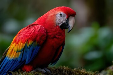 Obraz premium Scarlet Macaw perched on mossy branch in Central America