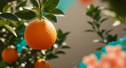 太陽浴びるみずみずしいオレンジ 緑葉輝く柑橘園