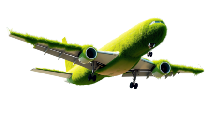 Photo of airplane flying in the sky covered with green grass isolated on transparent background