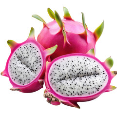 Freshly cut dragon fruit revealing bright pink skin and white pulp with black seeds, perfect for healthy recipes, transparent background, cutout PNG