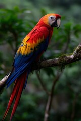 Fototapeta premium Scarlet macaw perched on a branch in a tropical forest