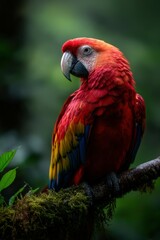 Fototapeta premium Scarlet Macaw perched on branch in Central America rainforest