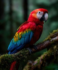 Fototapeta premium Scarlet macaw Resting on a mossy branch in the forest