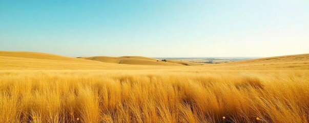 Serene Prairie Landscape Golden Grasses Swaying Gently Under a Pale Blue Sky, Untouched Nature at its Finest, Peaceful Summer Scene