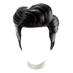 Classic black pompadour hairstyle on a mannequin head with a natural shine, transparent background, cutout PNG