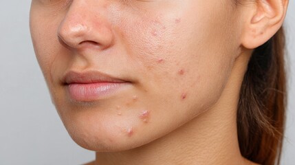 Fototapeta premium High-resolution facial close-up of acne-impacted skin indoor setting beauty analysis close view blemish and pore focus