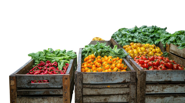 Fresh produce displayed in rustic wooden crates with vibrant vegetables such as tomatoes, peppers, and oranges on a transparent background, cutout PNG