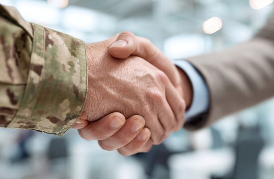 A soldier and businessman shake hands, symbolizing collaboration and trust in a blurred modern office background.