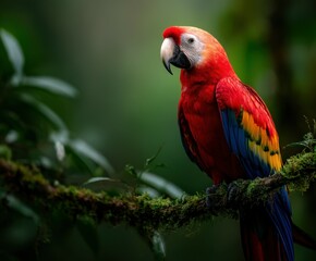 Fototapeta premium Scarlet macaw perched on a mossy branch in Costa Rica