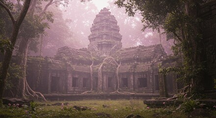 神秘的な古代遺跡 霧に包まれた石造建築