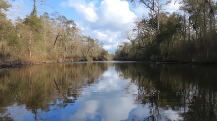 Calm river reflecting the sky and trees creating a serene and peaceful nature scene in the wilderness