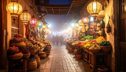 Fototapeta premium Fusion street market with lantern-lit African baskets beside digital signage in a foggy evening alley, merging old-world trade and tech 