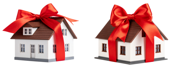  Gift-Wrapped House Model with Red Ribbon and Bow, Symbol of Homeownership, isolated on transparent background PNG