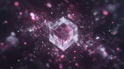 3D glowing cube surrounded by floating digital particles in a dark, futuristic, abstract environment, representing data or technology.