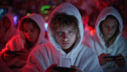 Fototapeta premium Focused young male in a white hoodie plays on a mobile device, immersed in a colorful gaming environment.