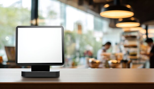 Blank digital display sits on a counter in a blurred cafe background, ready for your message.