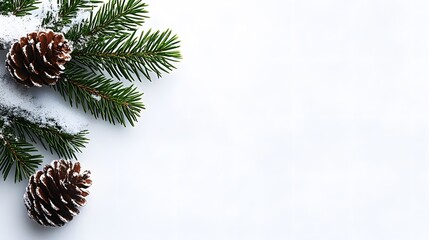 Snowy Pine Branches and Pinecones Winter Christmas Background