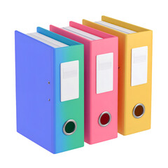 Colorful Office Binders: Three vibrant binders stand side-by-side, each a different color, symbolizing organization and efficiency in a modern office environment.
