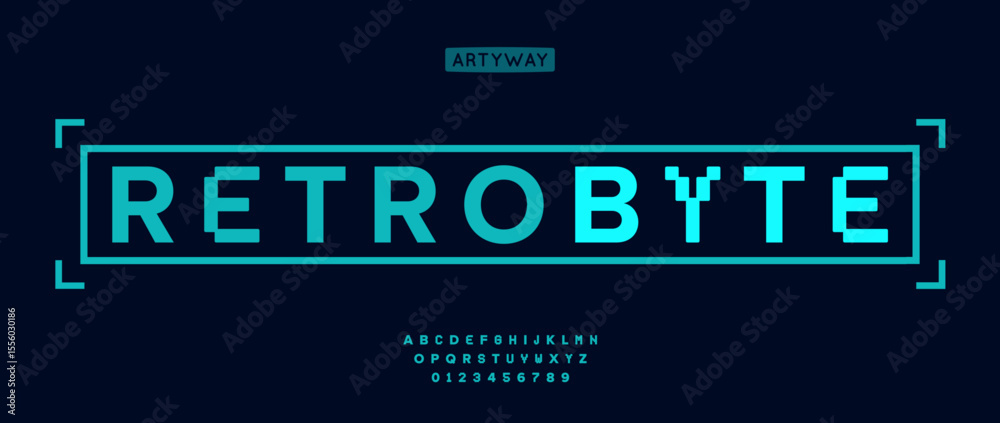 Poster Cyberpunk pixel alphabet, geometric digital numbers letters set, retro gaming font with bold LED style, matrix typeface for tech video game headline, arcade console typography. Vector typeset.