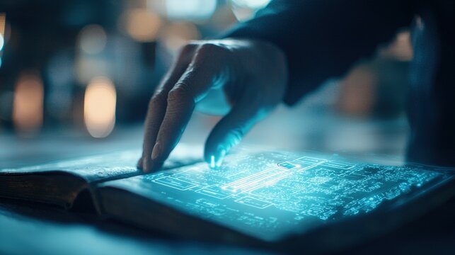 Futuristic book hand interacting with digital interface
