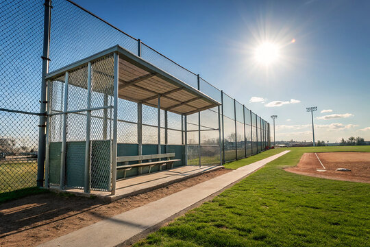 Chain link fence enclosing baseball field dugout beneath a sunny sky (2)