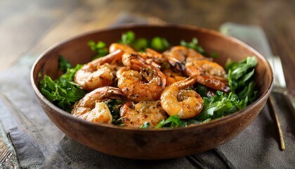 Fototapeta premium juicy grilled shrimp served over fresh greens in a rustic bowl ready for a delicious meal