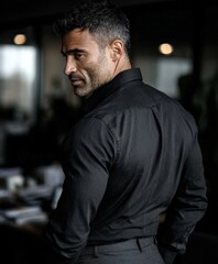 Obraz premium Man in black shirt looks over shoulder in Office during day