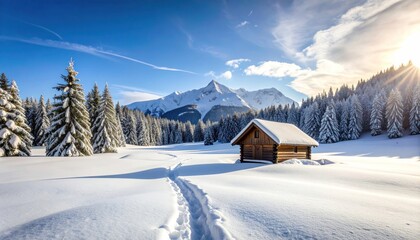 Snowy mountain vista with a charming cabin nestled amongst evergreen trees