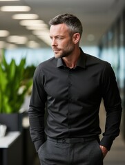Fototapeta premium Handsome businessman in Office stands thoughtfully during daytime