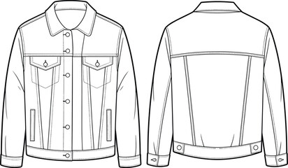 Classic Denim Jacket Flat Fashion Sketch, Unisex Apparel Design Template for Casual Outerwear Styles