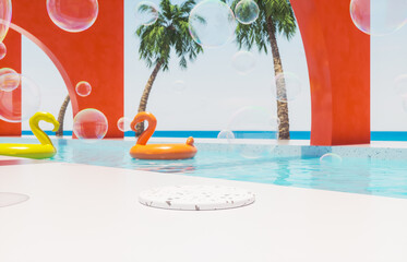 Summer swimming pool scene with cylinder for product display and colorful inflatable background. 3d rendering