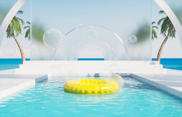 Summer swimming pool scene with colorful inflatable for product display. 3d rendering background