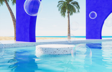 Summer swimming pool scene with cylinder for product display. 3d rendering background
