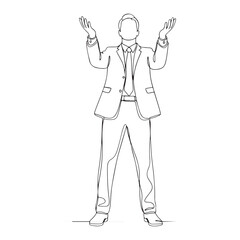 Man in suit with arms raised in celebration or prayer