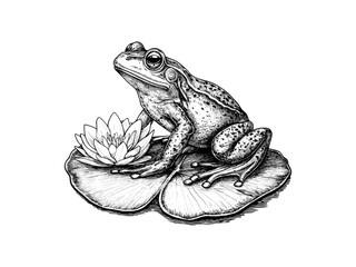 Vintage spring frog engraving, hand-drawn nature scene, lily pad illustration, black sketch style, old engraving, seasonal wildlife art, classic decor icon, rustic floral, garden wildlife design