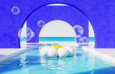 Summer swimming pool scene with colorful inflatable for product display. 3d rendering background