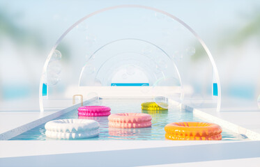 Summer swimming pool scene with colorful inflatable for product display. 3d rendering background