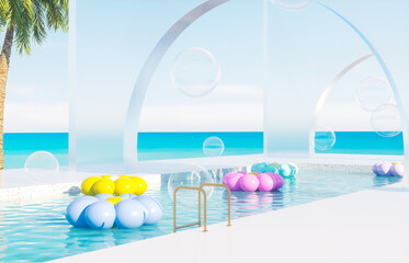 Summer swimming pool scene with colorful inflatable. 3d rendering background