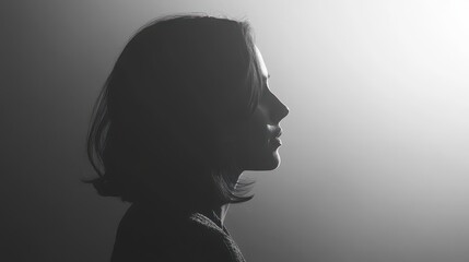 A monochrome profile of a woman with short hair against a bright and blurred background in a studio
