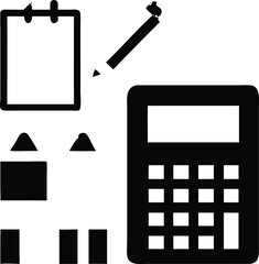 Calculators, calendars, colored pencils, correction fluid, craft paper icon