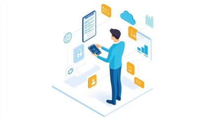 Man using tablet, connected devices, digital workflow, data management, technology concept