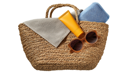 Woven beach bag with towel, sunscreen, and sunglasses inside, top view, white background, PNG